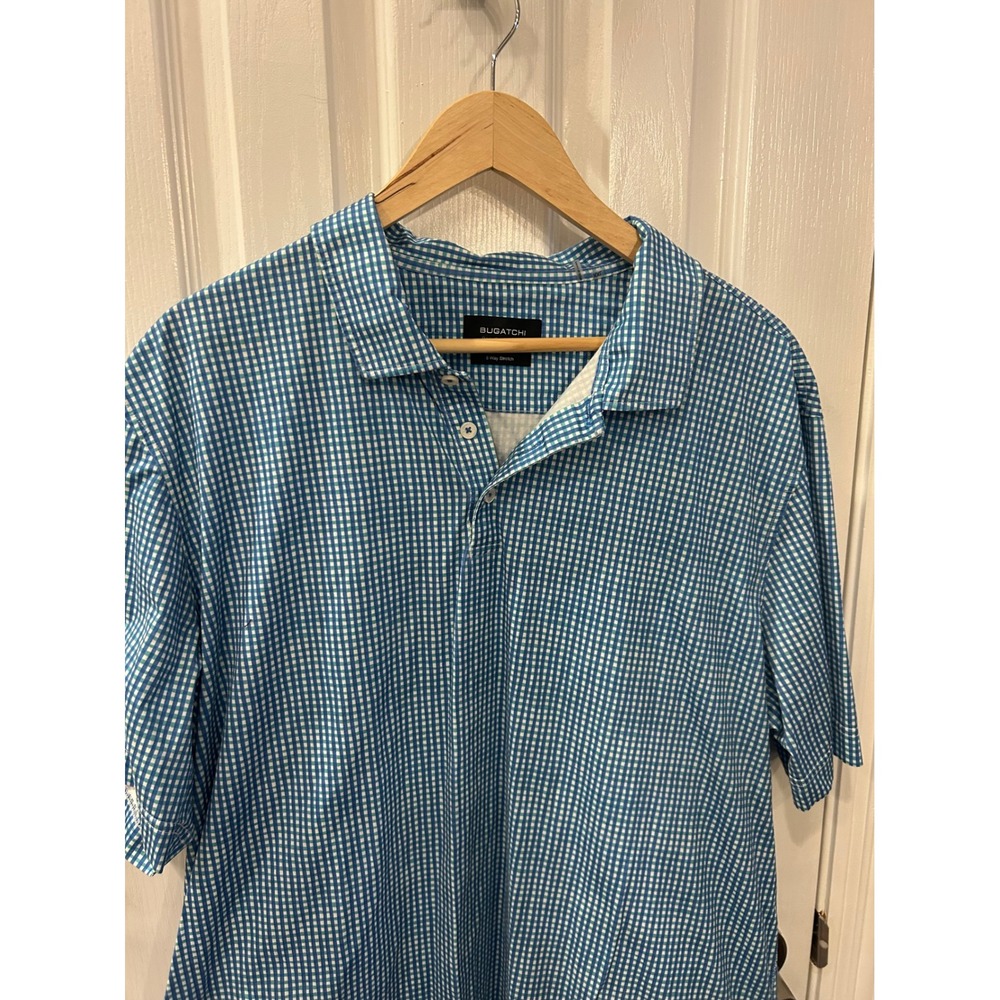 Bugatchi OoohCotton Tech Polo Shirt‎ Mens XXL Teal Gingham 8 Way Stretch